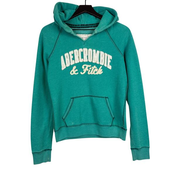 Y2K Abercrombie & Fitch Logo Pullover Fleece Hoodie Teal Green - XL - Picture 1 of 10